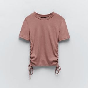Zara short sleeve ribbed top gathered tie side